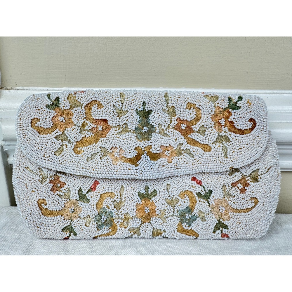 Vintage Jorelle Bags Beaded Floral Clutch Made in Belgium Cream Gold Evening Bag